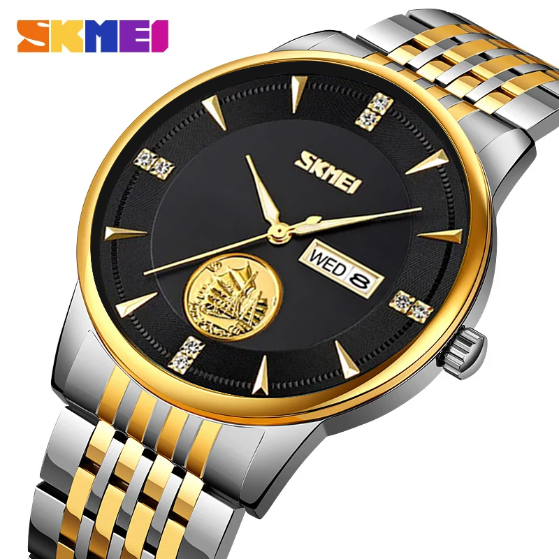 SKMEI 9309 Quartz Wristwatches Male Casual Date Week Wristwatch (Silver Black)